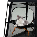 EXXO cat tower showing cat resting on upper platform