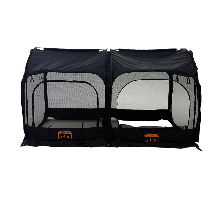 EXXO collapsible chicken run with mesh panels and dual compartments