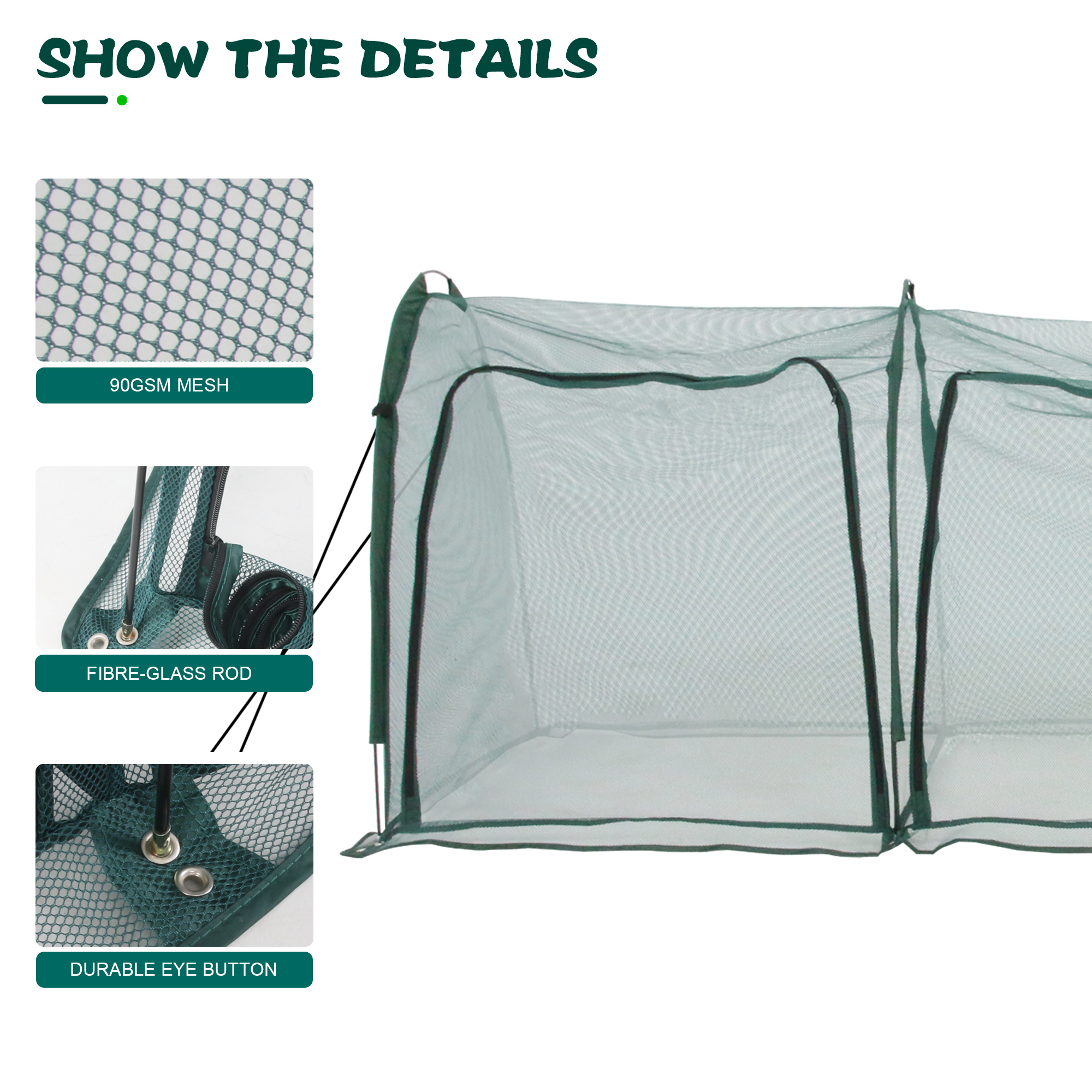 Close-up of mesh fabric and frame connections on EXXO 3m gardening tunnel