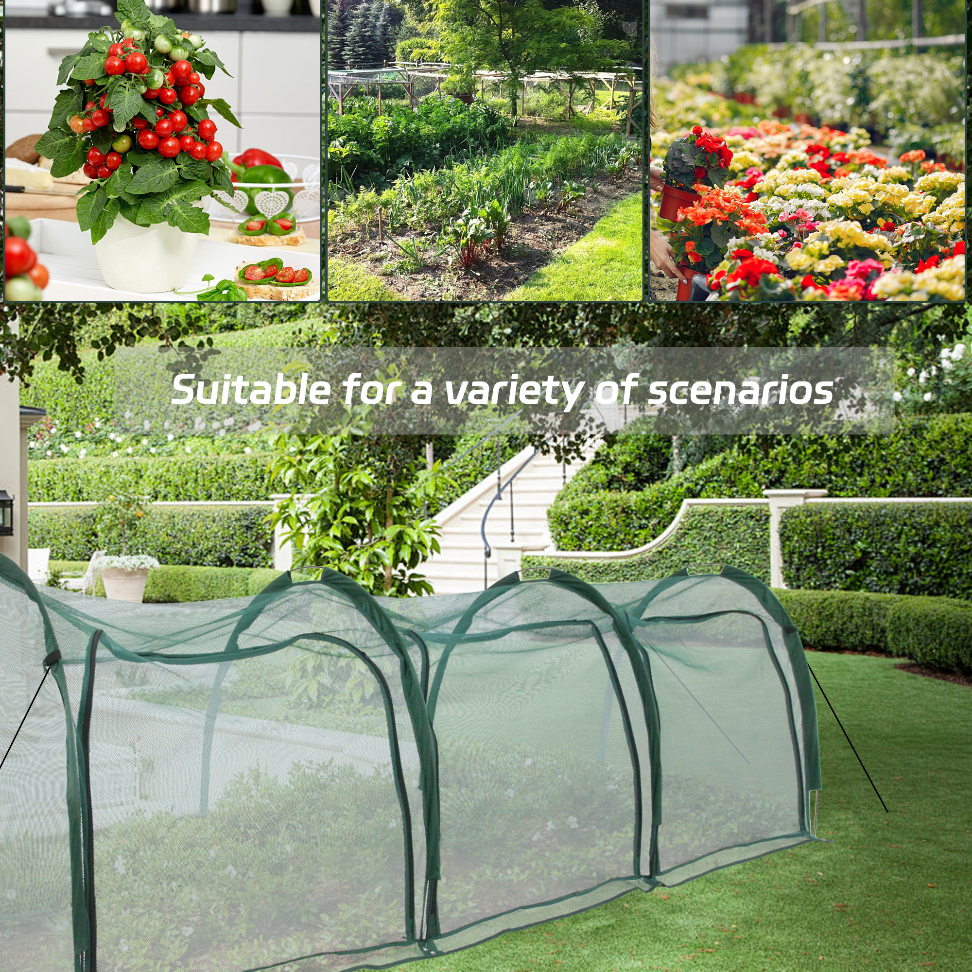 EXXO 3m flexible gardening tunnel used across different garden bed setups