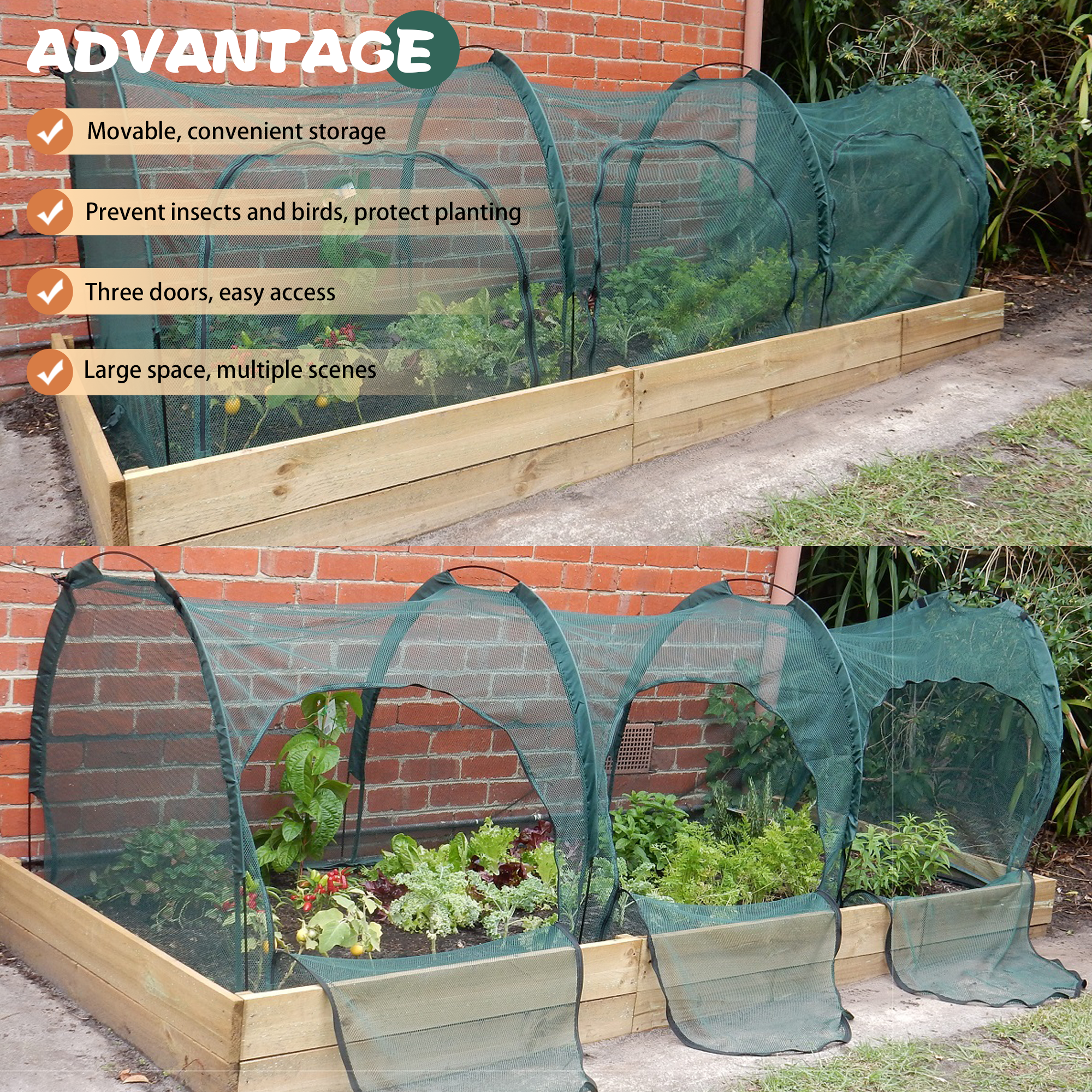 EXXO 3m flexible gardening tunnel installed over raised garden beds for crop protection