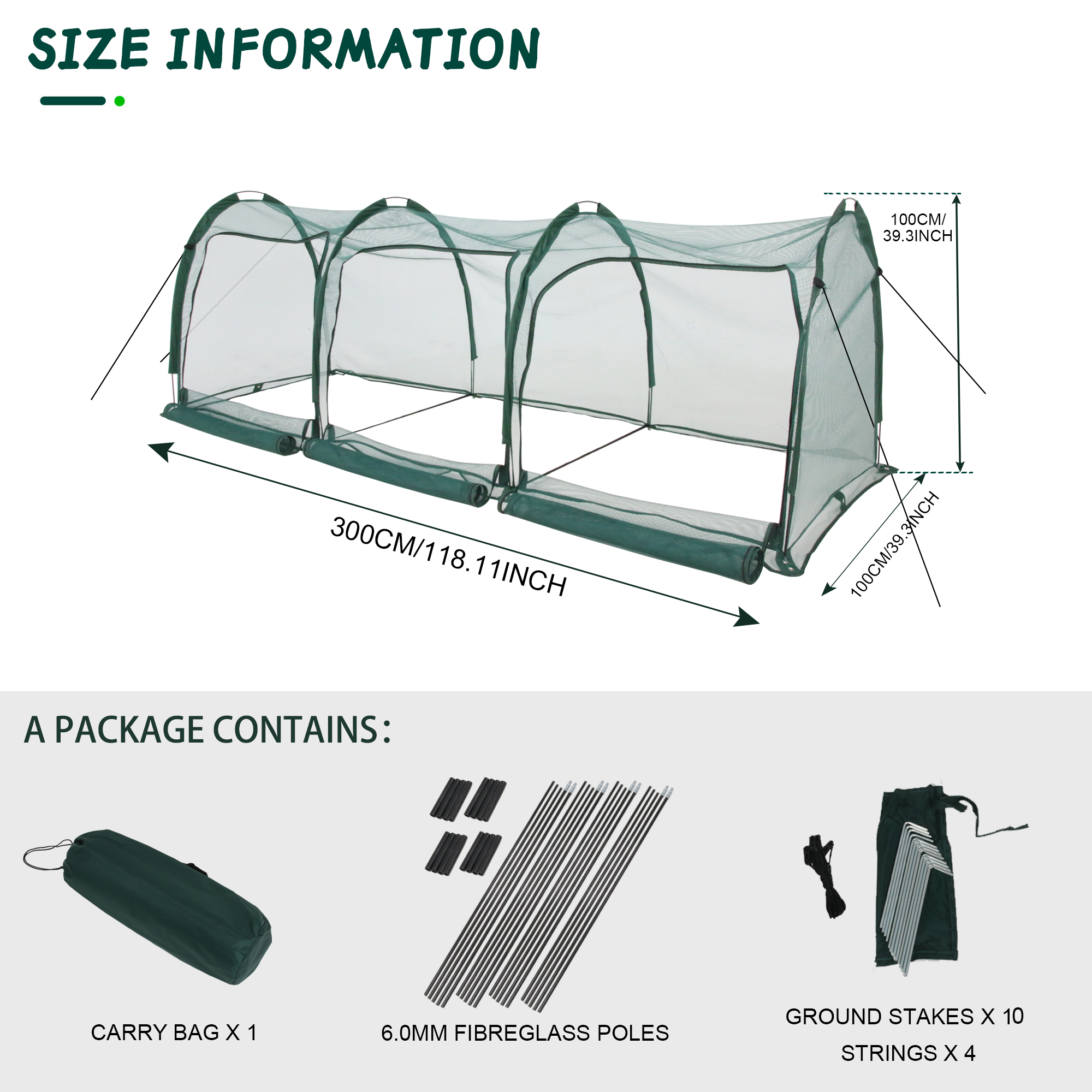 Size information and included components for EXXO 3m flexible gardening tunnel