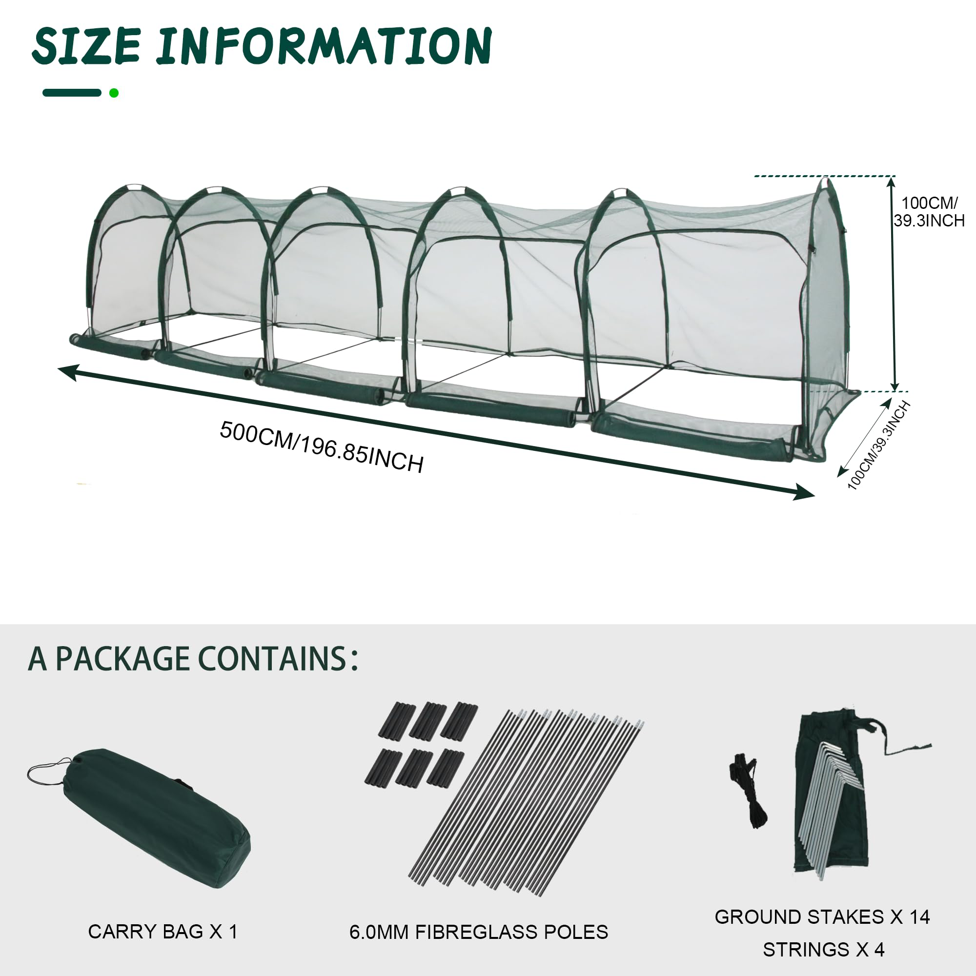 Size information and included components for EXXO 5m flexible gardening tunnel