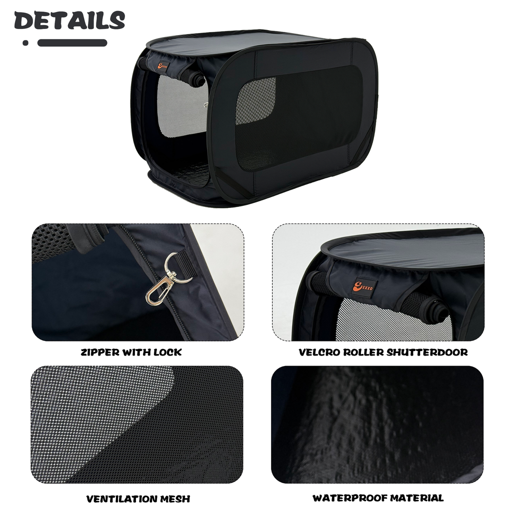 EXXO foldable pet crate feature details including mesh panels and materials
