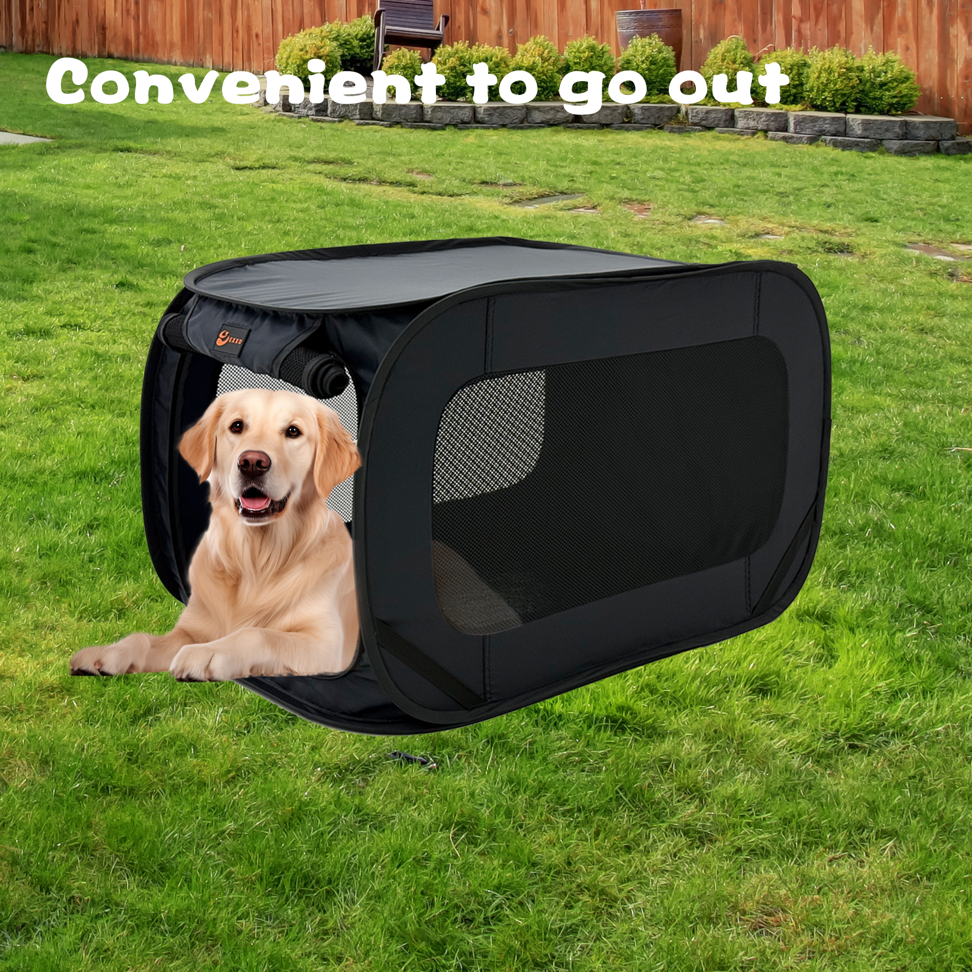 EXXO foldable pet crate used outdoors for travel