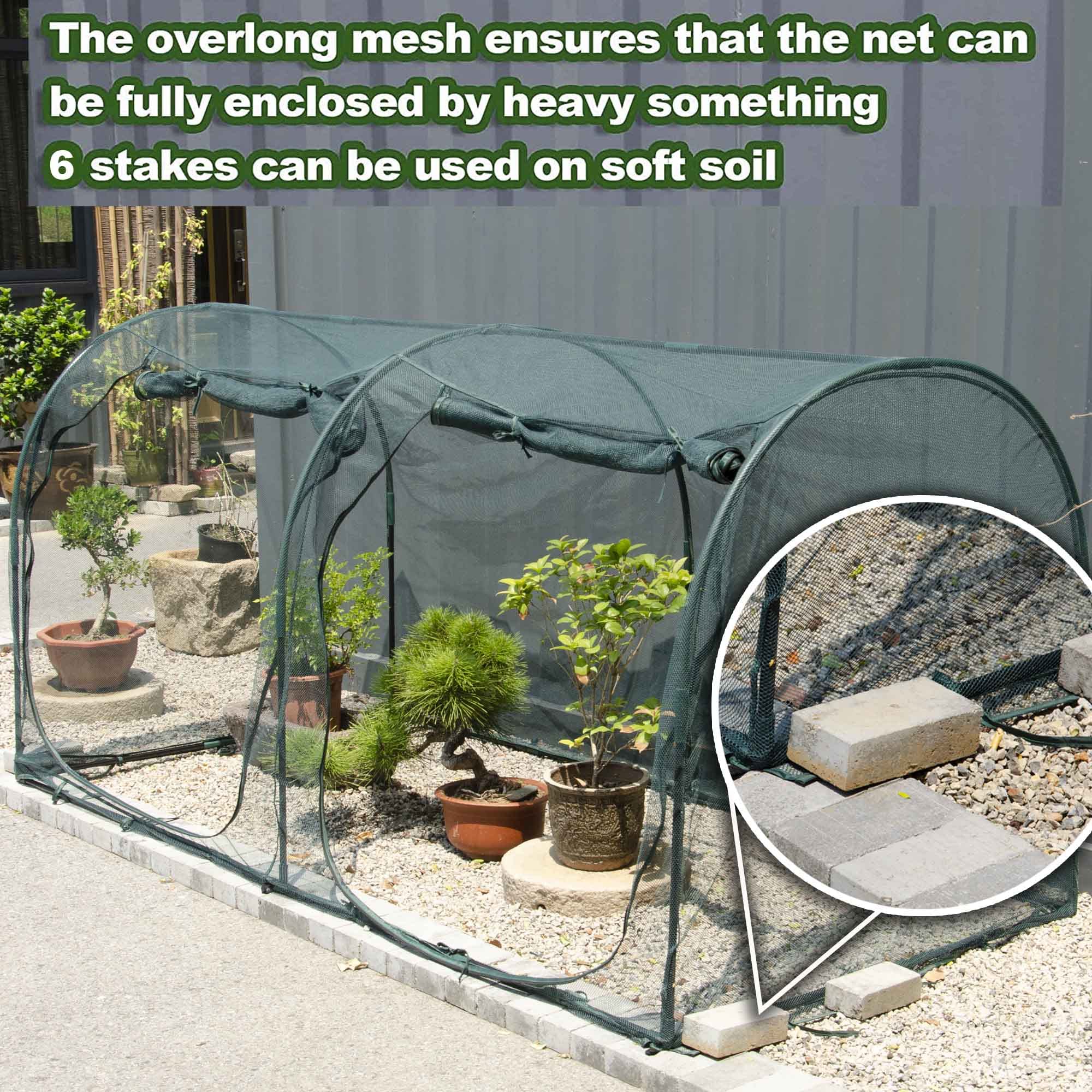 EXXO 8x4x4ft greenhouse showing staked-down setup on soil for stability