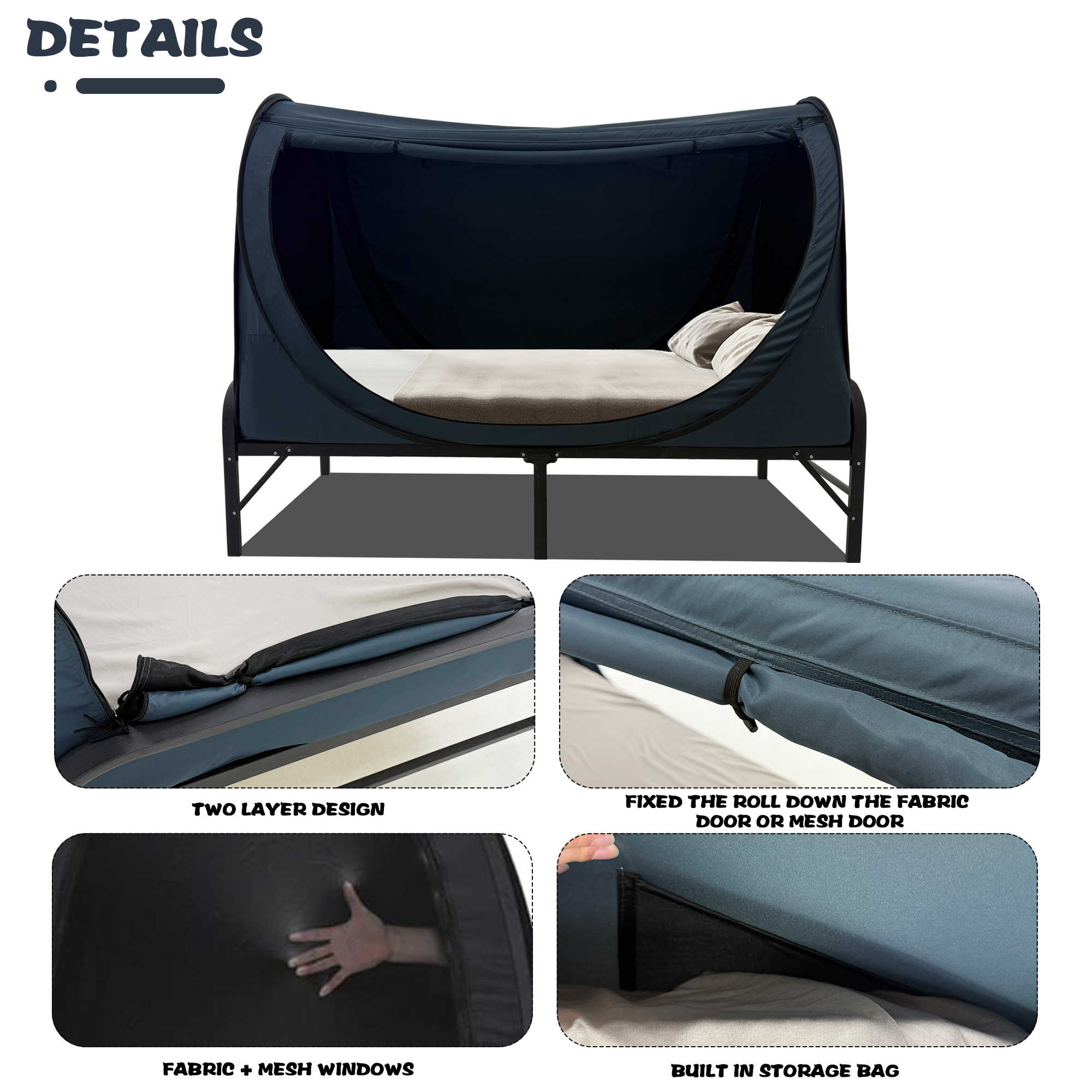 Close-up details of frame, fabric and zips on collapsible bed cover