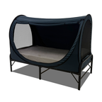 Front view of collapsible indoor privacy bed cover with entry opening