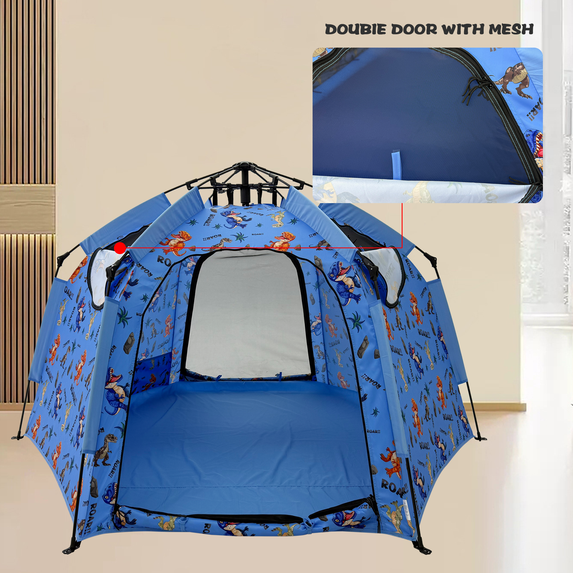 EXXO dinosaur play tent door with mesh window