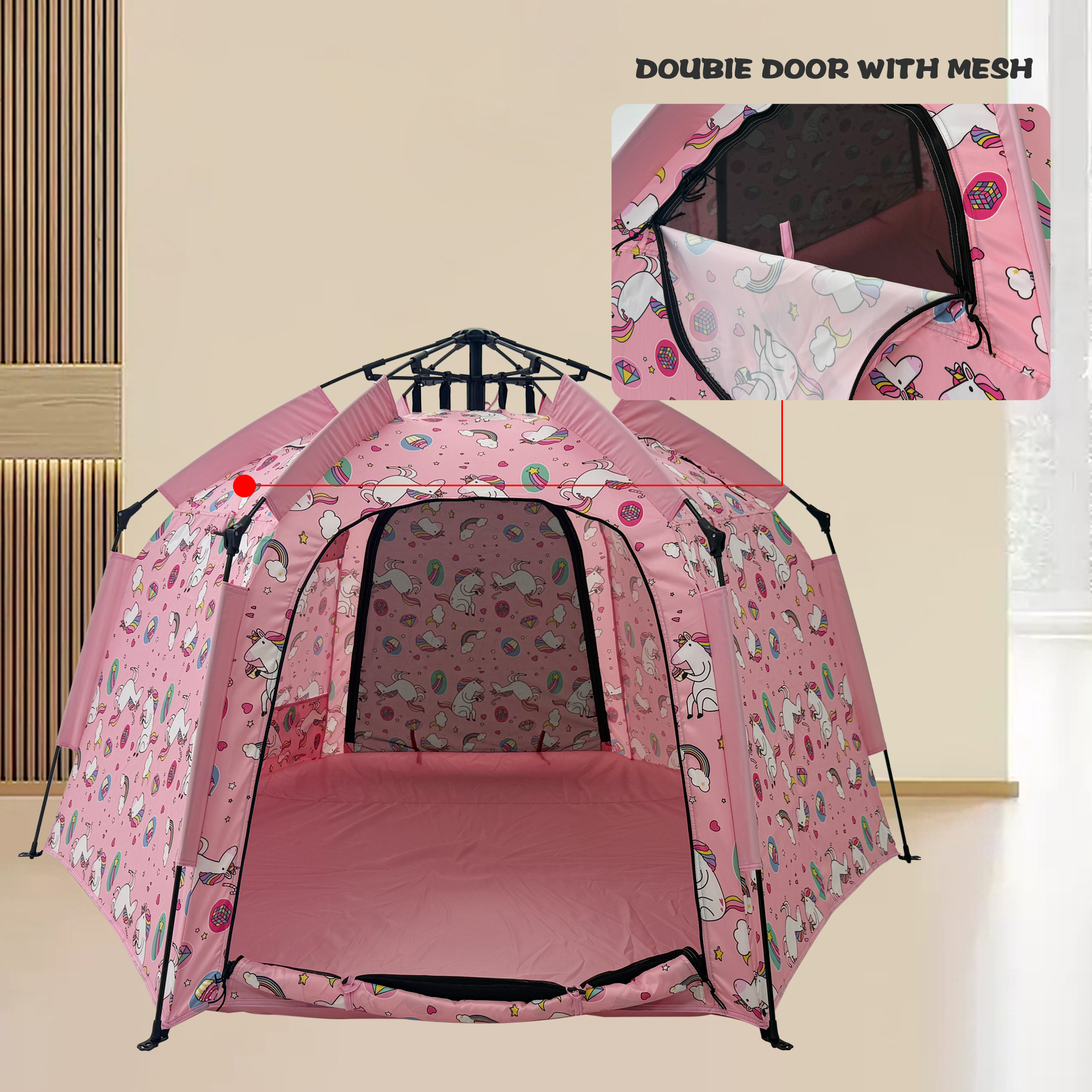 EXXO unicorn play tent door with mesh window
