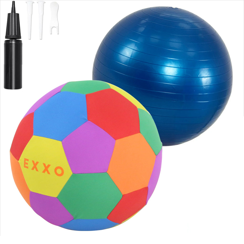 EXXO Mega Ball with pump and accessories, blue and multicolour balls on white background