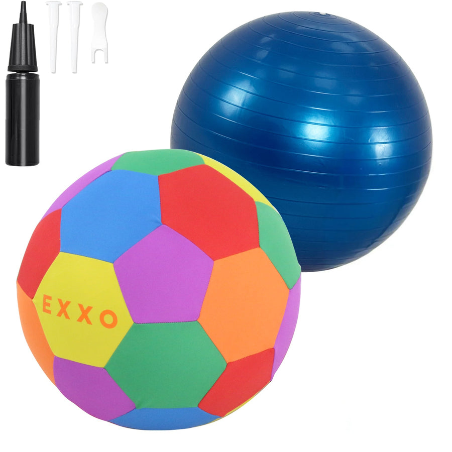 EXXO Mega Ball with pump and accessories, blue and multicolour balls on white background