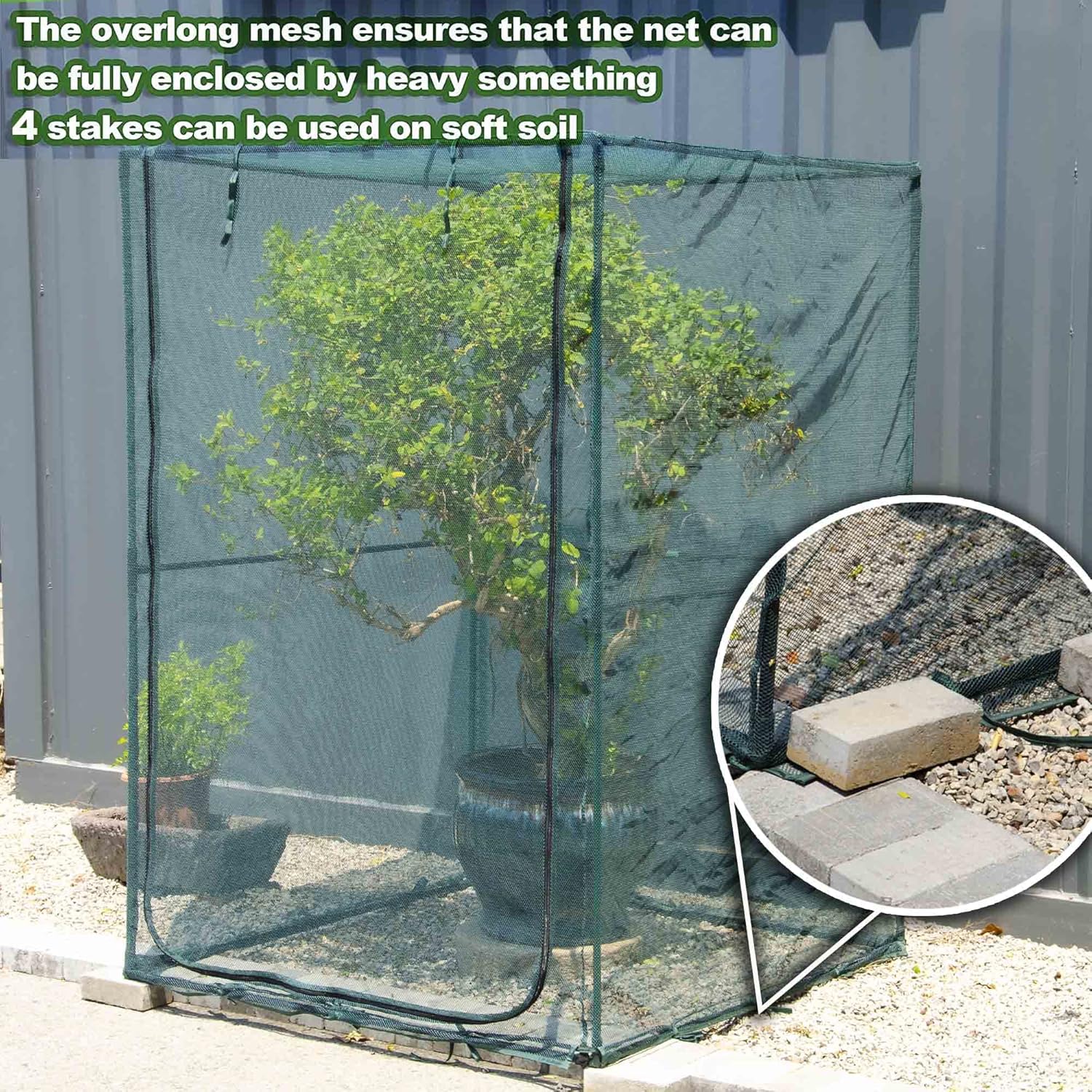 EXXO 4 x 4 x 6 ft plant screen net cover installed outdoors protecting plants from pests