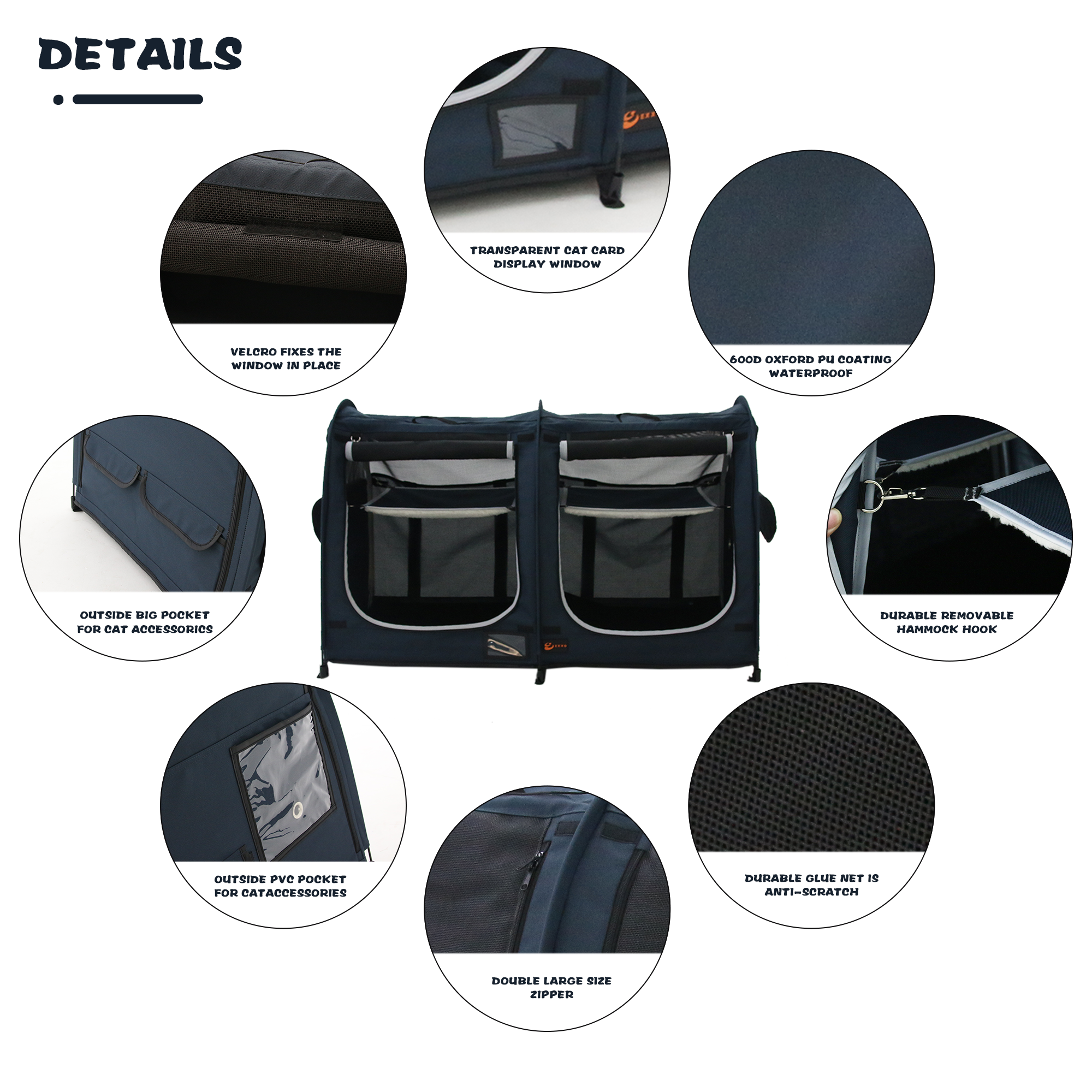 Close up details of EXXO twin cat play enclosure features