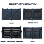EXXO twin cat play enclosure showing front and open views